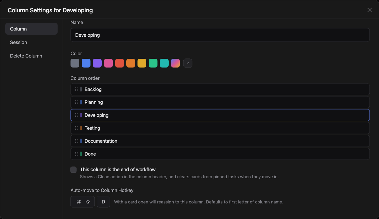 Column settings dialog