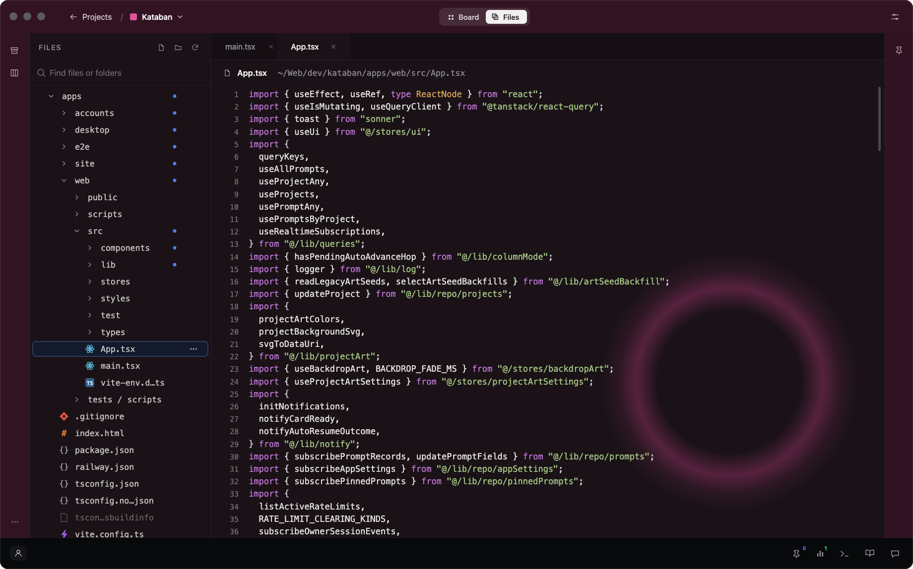 Files view with file tree and editor