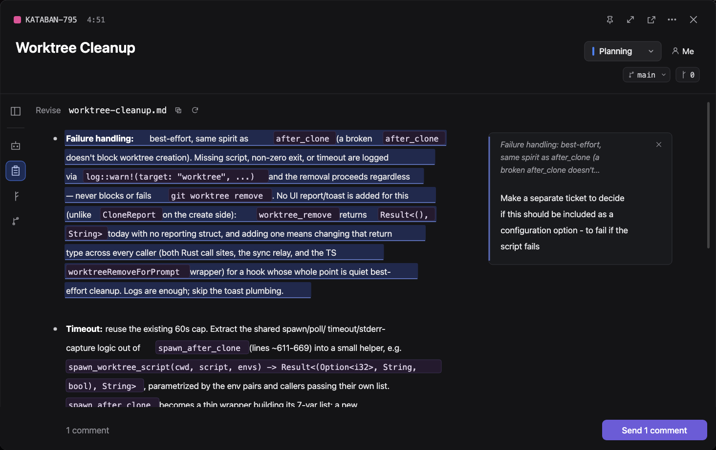Plan review panel with inline comments
