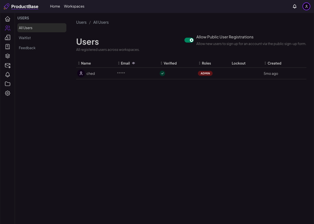 Users list with public registration toggle
