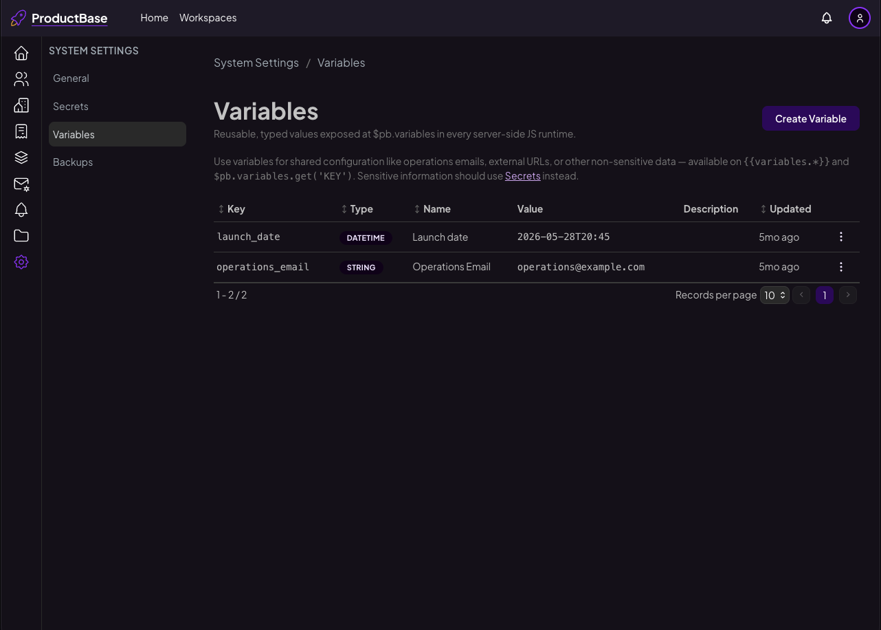 System settings variables list