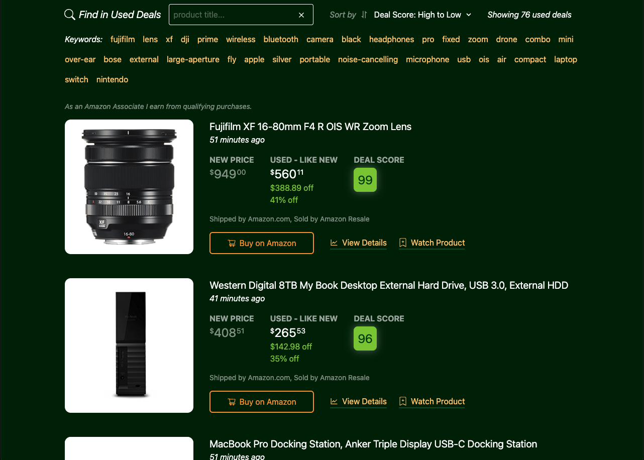 All deals list with new price, used price, and deal score