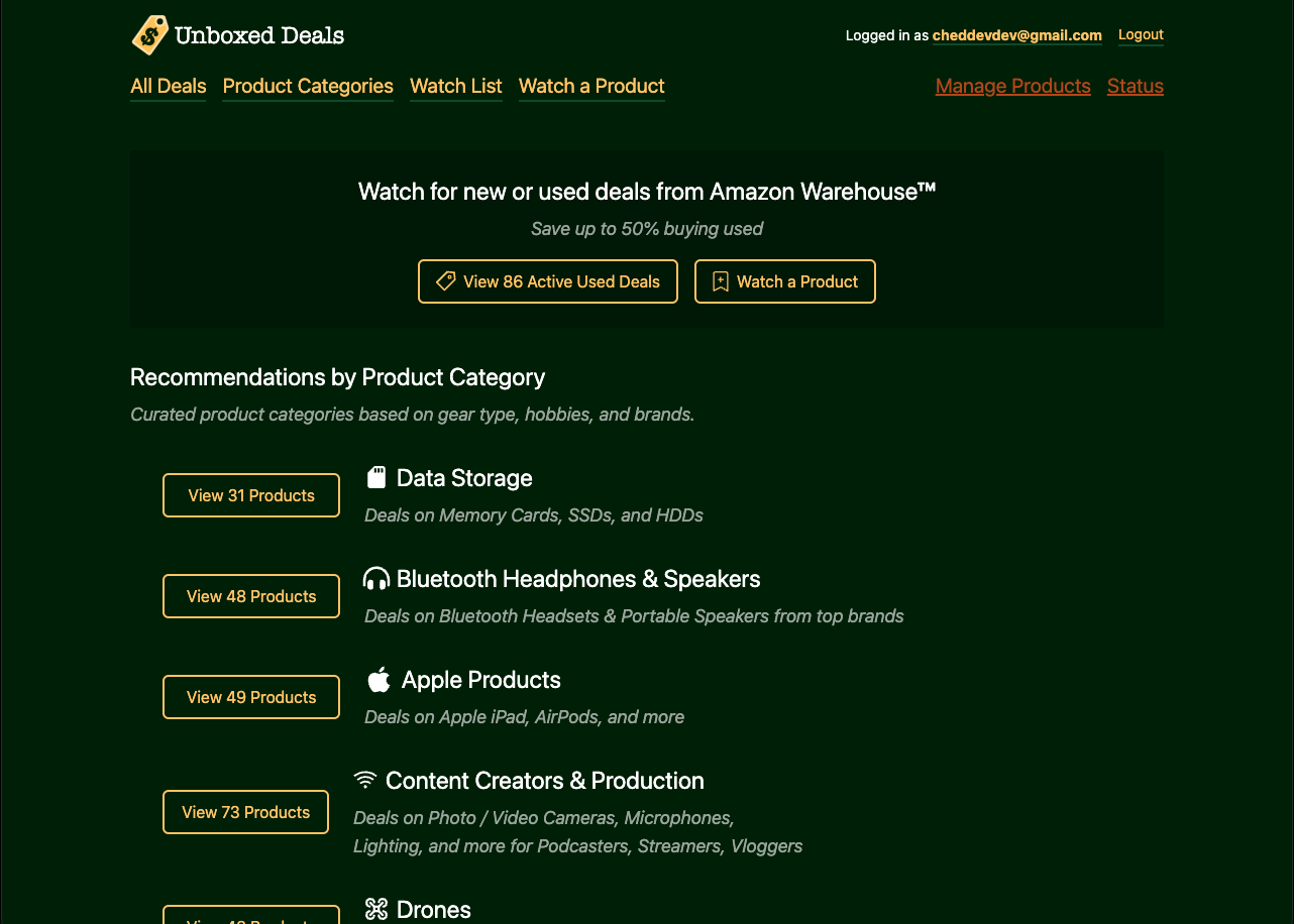 Unboxed Deals home page with recommendations by product category