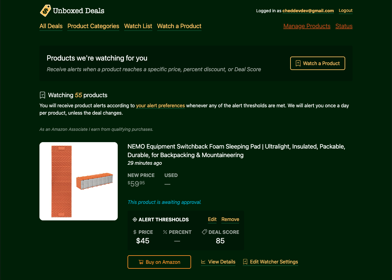 Watch list with alert thresholds per product